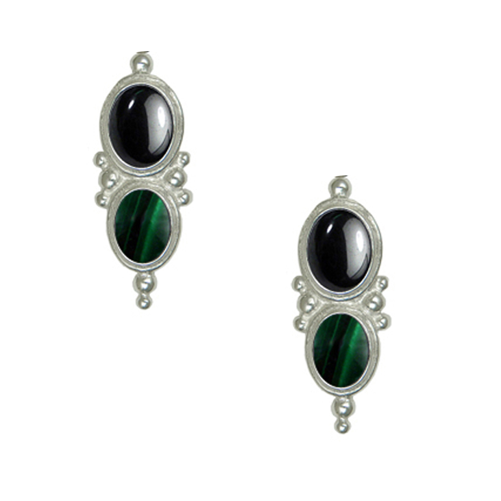 Sterling Silver Drop Dangle Earrings With Hematite And Malachite